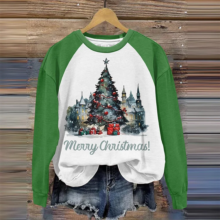 Comstylish Christmas Tree Print Round Neck Sweatshirt