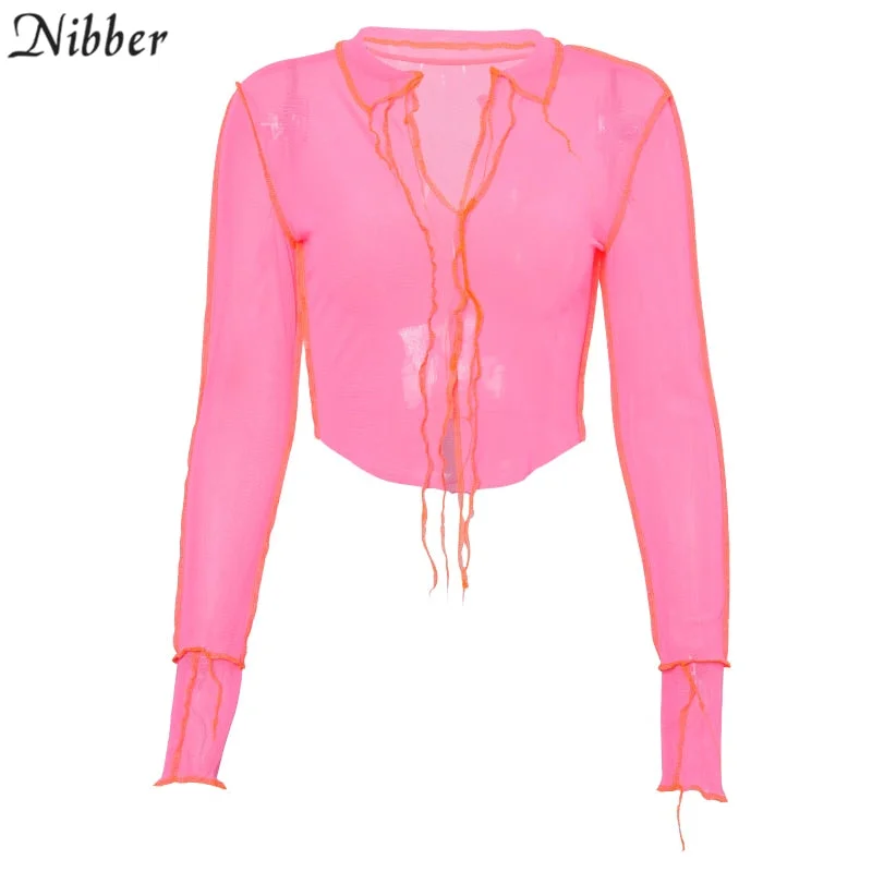 Nibber sexy club party wear V-neck low cut top tees women office lady high street elegant mesh T- shirt autumn crop tops female
