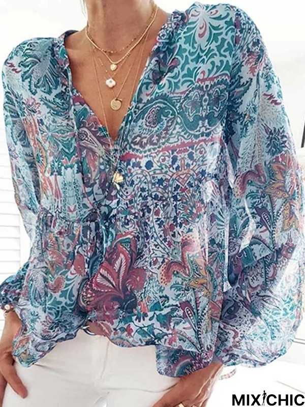 Floral Boho V neck Long sleeve Long sleeve Top