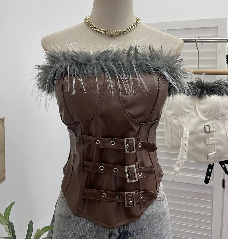 Nigikala Nigikala Shooting Retro Pu Skin Spliced Hair Bra Bra Strap Chest Punk Hottie Skin Buckle Waist Short Top 2781