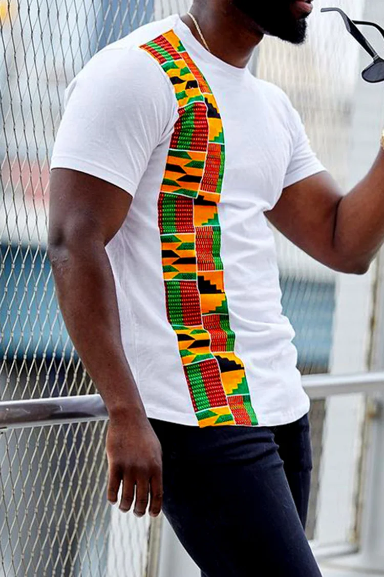 Round Neck Africanstyles Stitching Printing Short Sleeve T Shirt