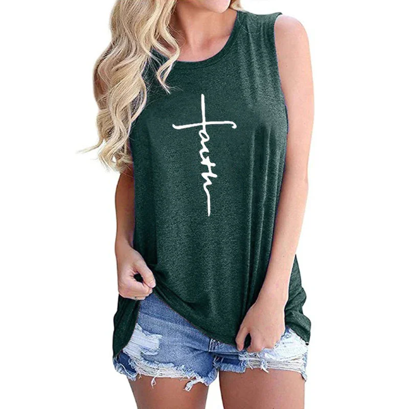 Ladies Vest Faith Letter Printing Round Neck Sleeveless T-Shirt