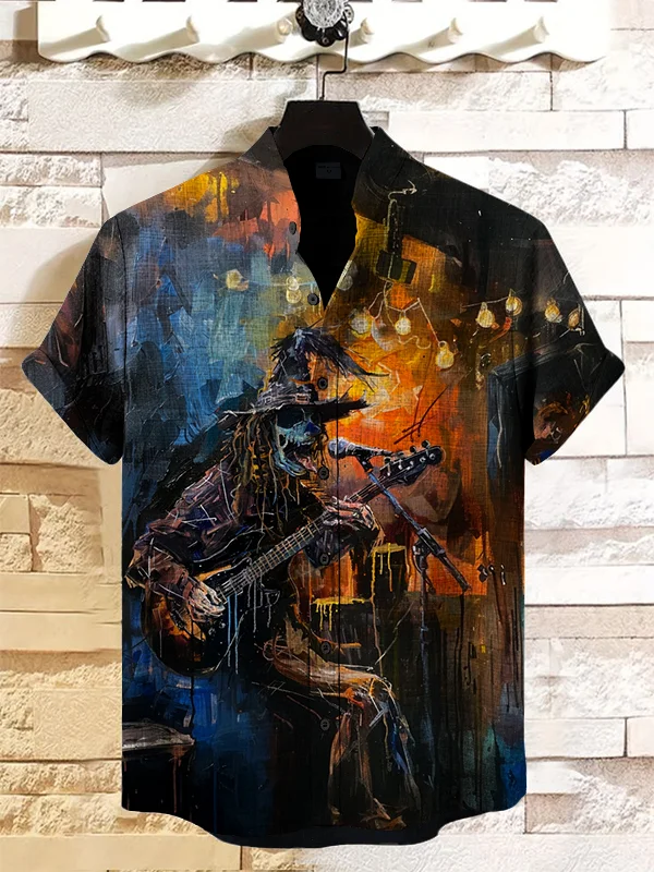 Men's Skeleton Lead Singer Punk Oil Painting Art Print Casual Shirt