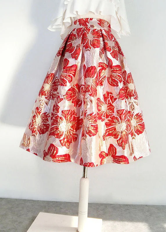 Modern Red Wrinkled Embroideried Patchwork Cotton Skirts Spring