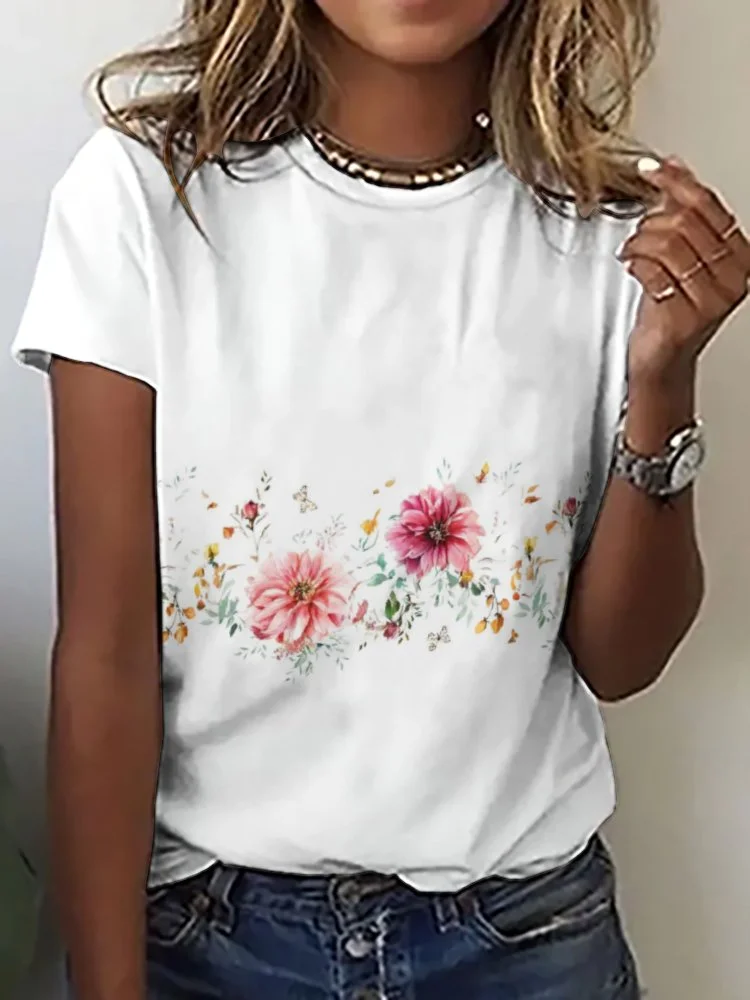 Printed Short Sleeve Casual T-shirt for  Women and Men Unisex Pattern Floral, Yellow, Pink