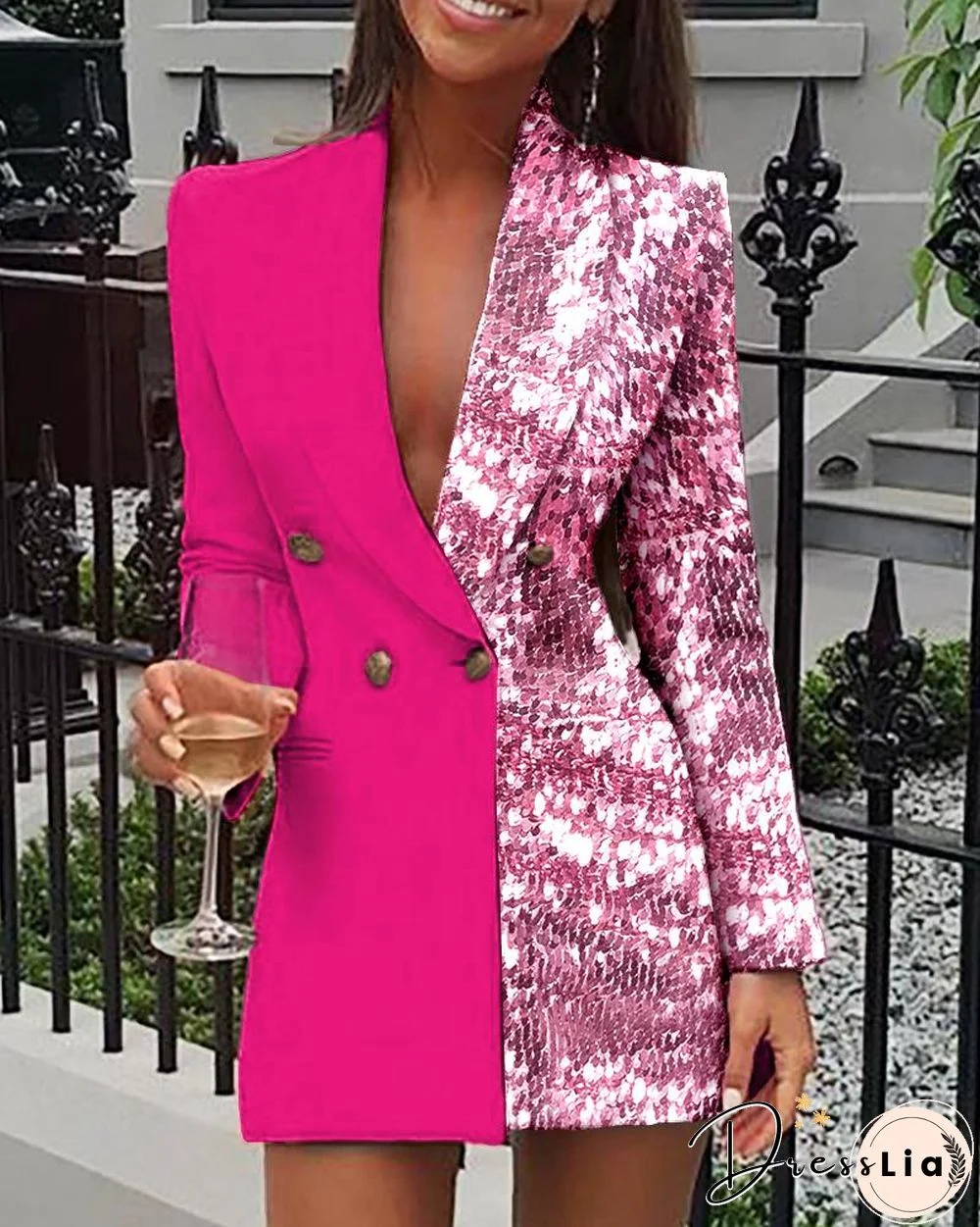 Sequins Colorblock Double Breasted Blazer Dress