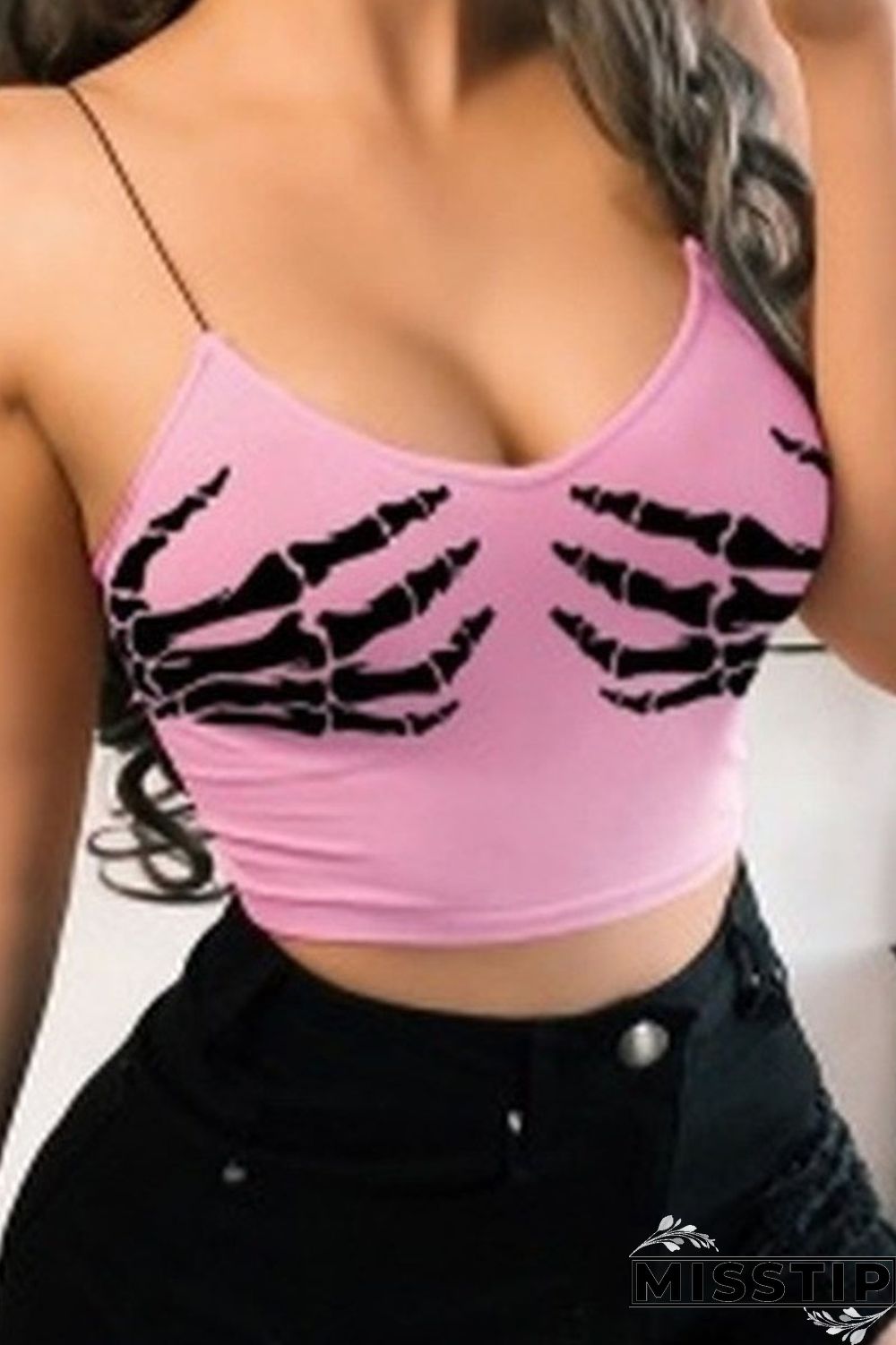 Grey Sexy Street Print Patchwork Spaghetti Strap Tops