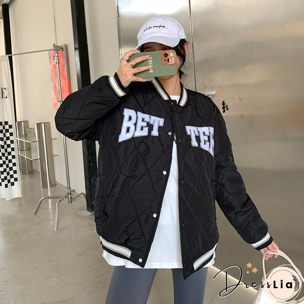Letter Embroidered Winter Cotton Coat Women American Retro Baseball Uniform Jacket Female Y2K Keep Warm Bomber Jacket New