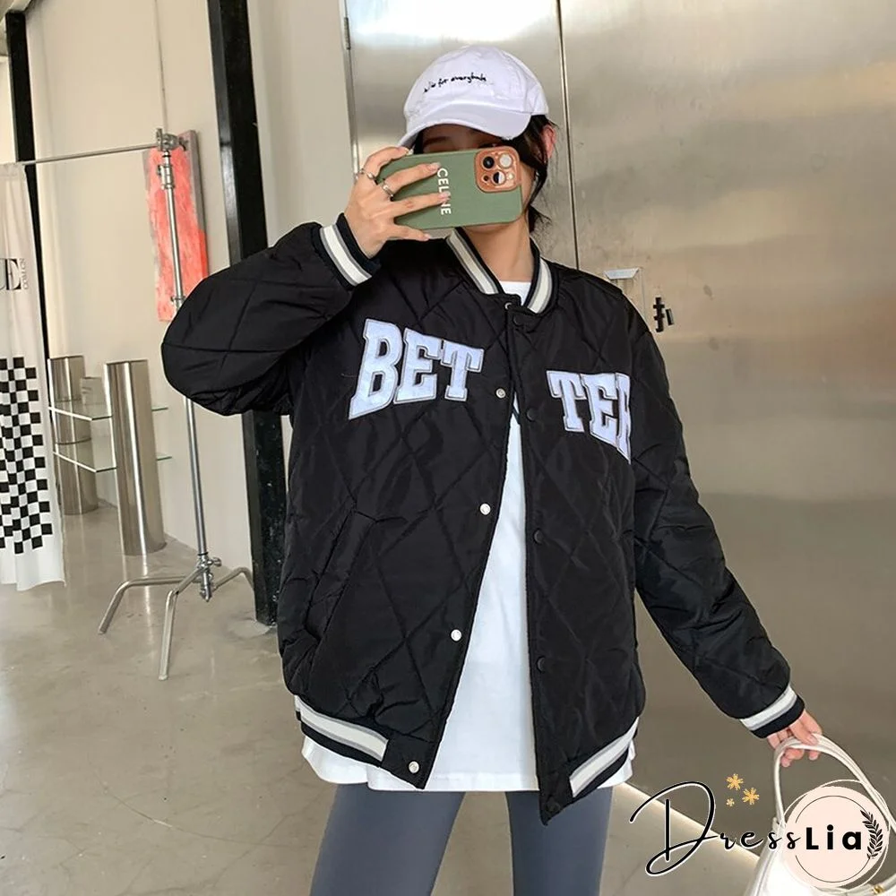 Letter Embroidered Winter Cotton Coat Women American Retro Baseball Uniform Jacket Female Y2K Keep Warm Bomber Jacket New