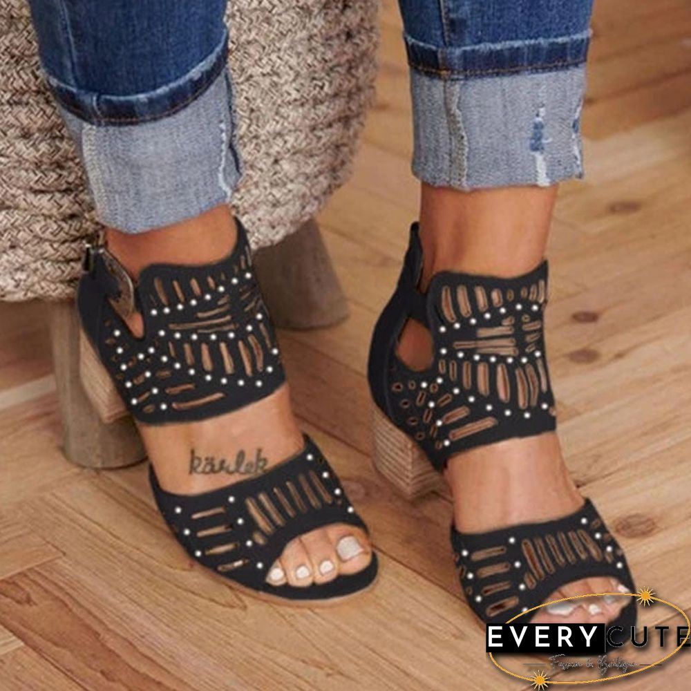 Womens Sandals-Summer High Heels Crystal Mid Heel Slip-On Buckle Ladies Shoes Peep Toe