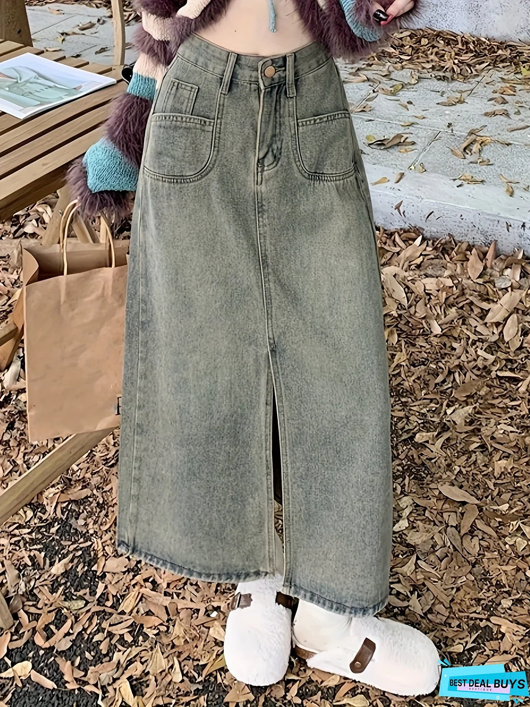 Split Hem Vintage Washed Maxi Denim Skirt, High Rise Versatile Denim Skirt, Women's Denim Jeans & Clothing