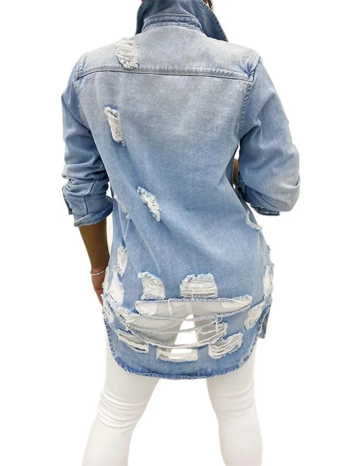 Fashionable Chest Pocket Lapel Collar Ripped Design Denim Coat