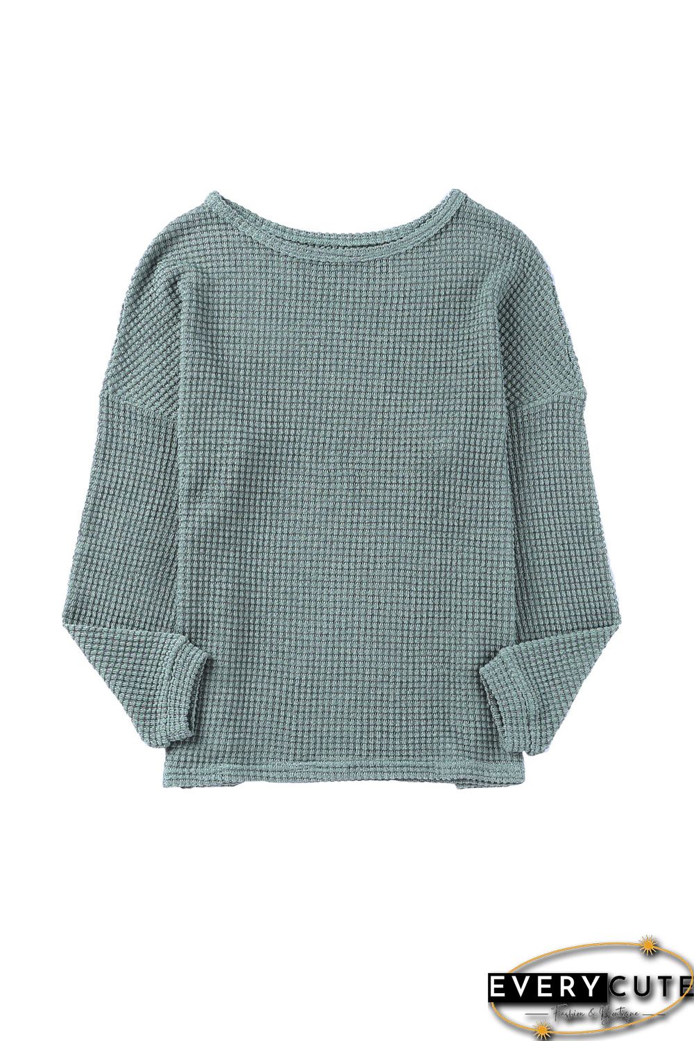 Green Waffle Knit Drop Shoulder Long Sleeve Top