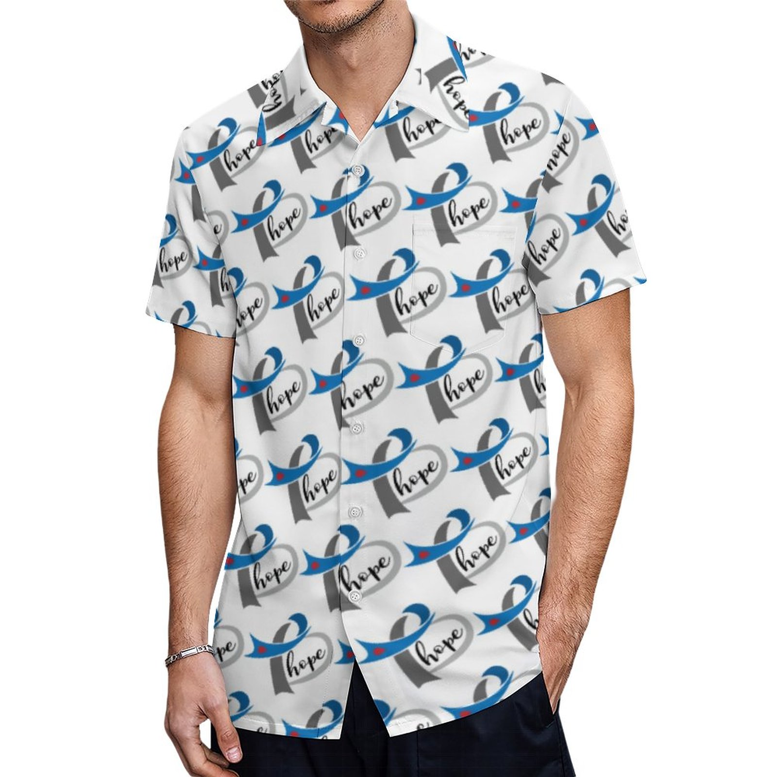 Type 1 Diabetes Blue Ribbon Awareness Hope Hawaiian Shirt Mens Button Down Tropical Hawaii Beach Shirts