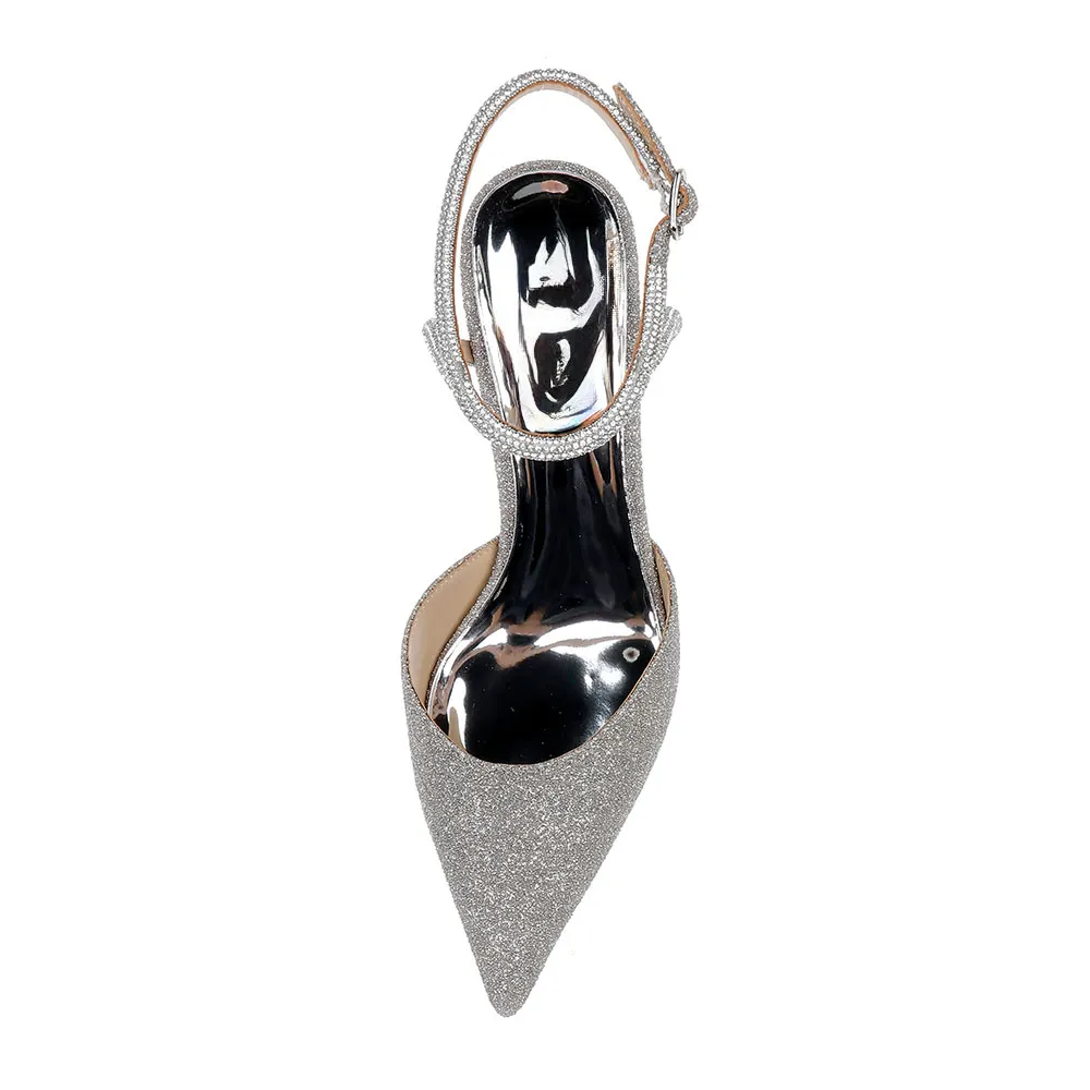 Pointed Toe Stiletto Heel Rhinestone Strap Silver Pumps with Glitter
