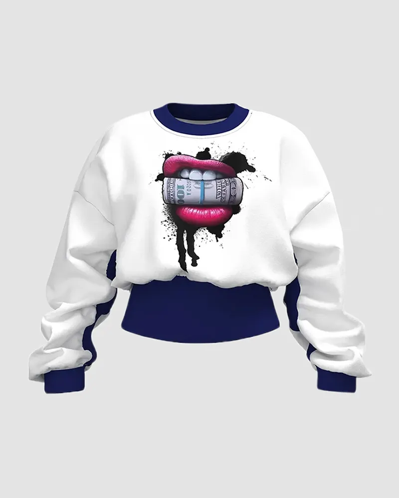 Colorblock Lips Print Round Neck Sweatshirt