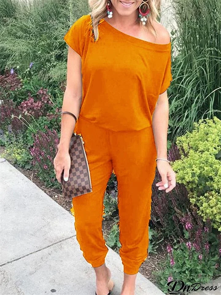 Summer Fashion Slanted Shoulder Short-Sleeved Pocket Jumpsuit