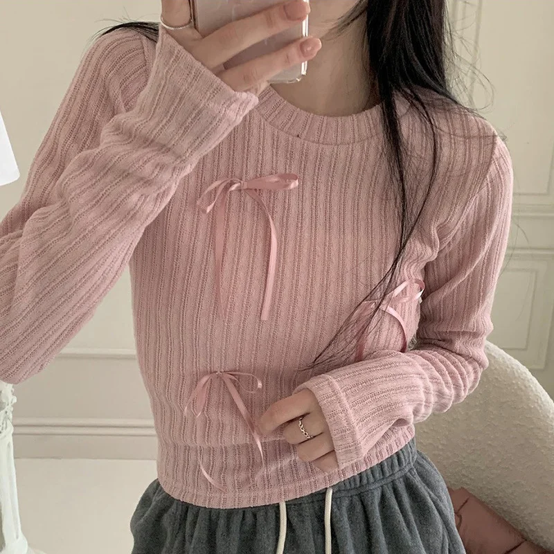 Huibahe Sweet Multi Bows Knitted Top Pink White Casual Basics Slim-fit Tops Autumn Spring Korean Style Kawaii Knitwear Autumn