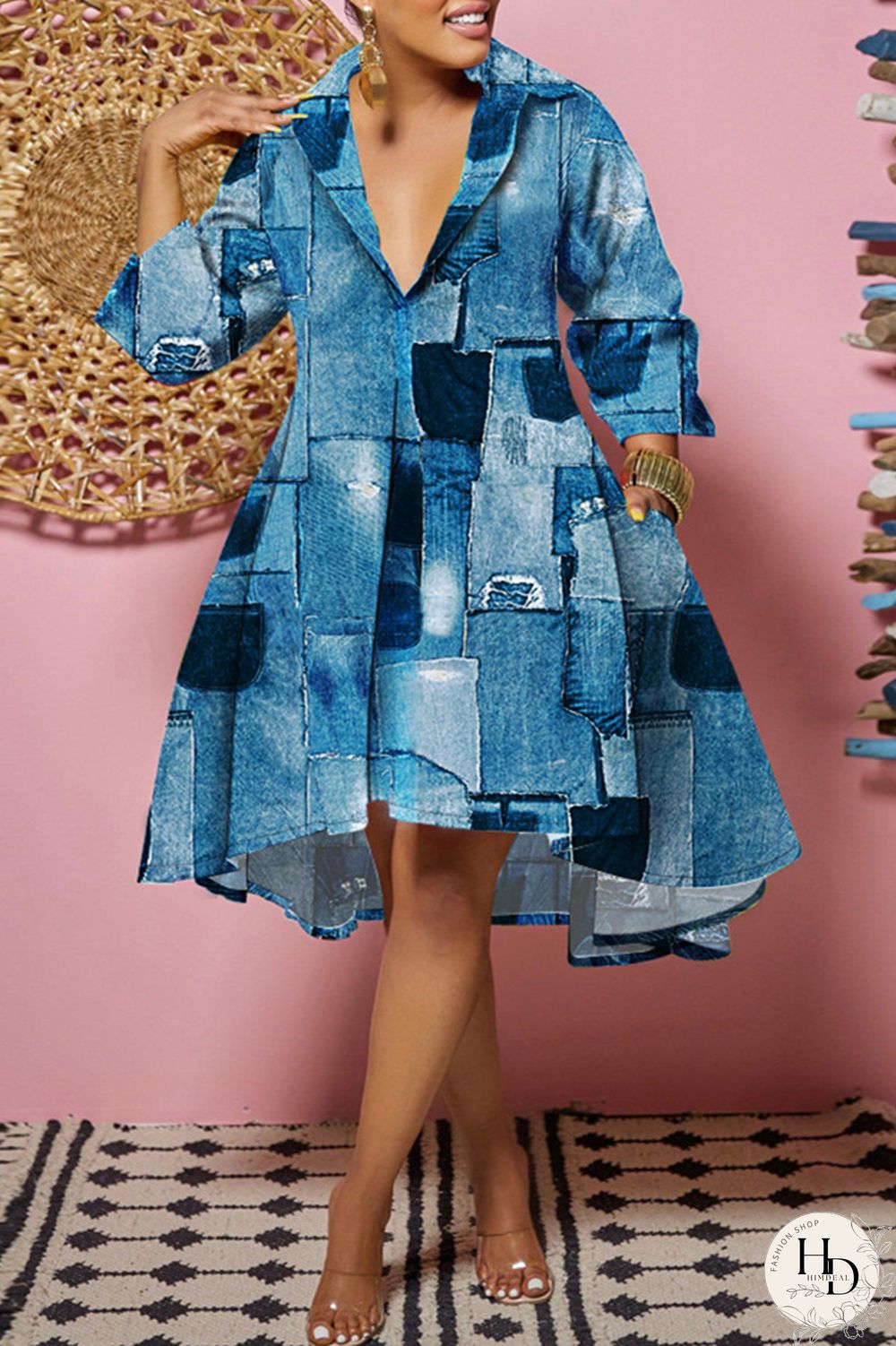 Camouflage Fashion Casual Print Patchwork Turndown Collar Shirt Dress