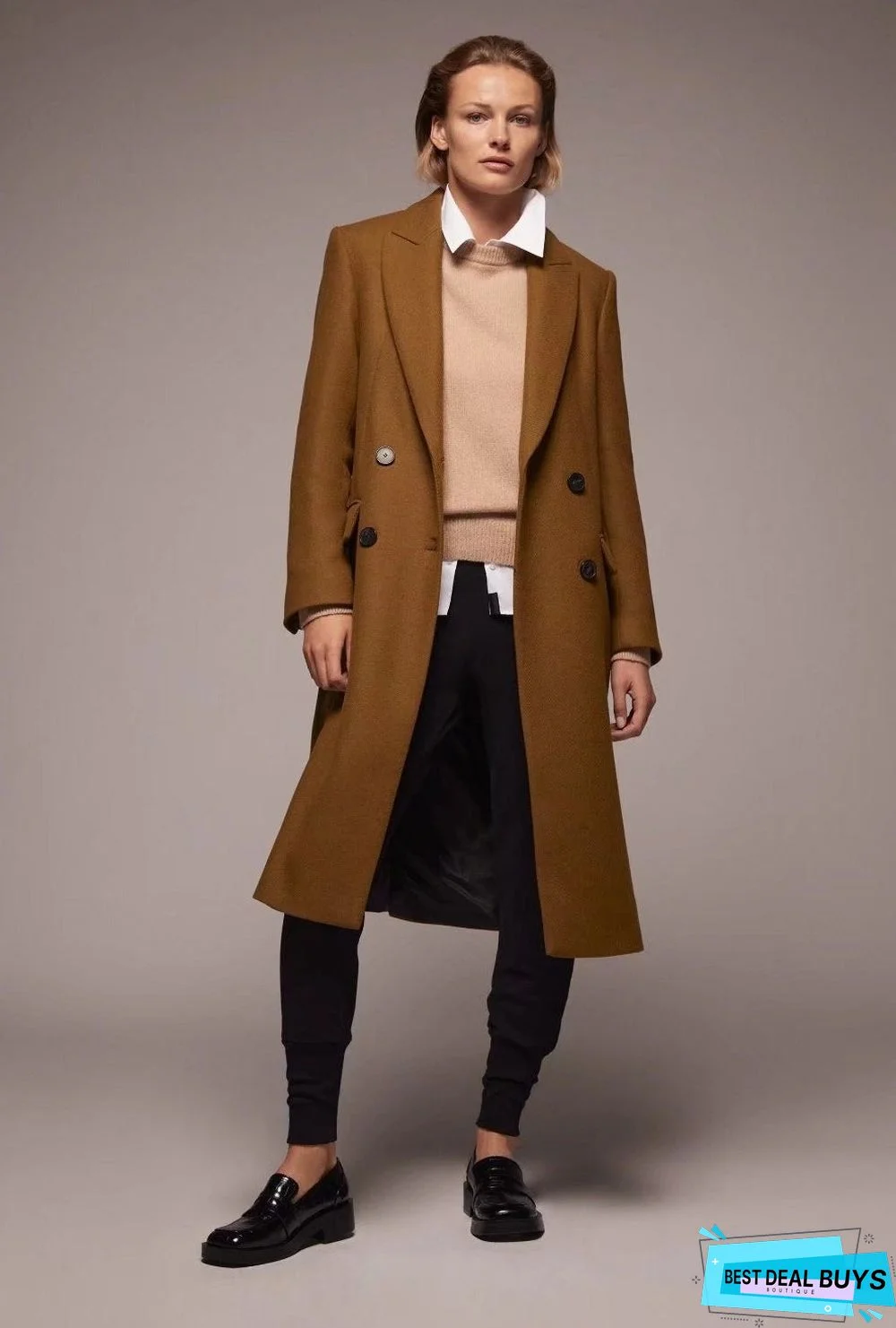 Autumn and Winter Solid Color Slim Long Coat Lapel Coat Women