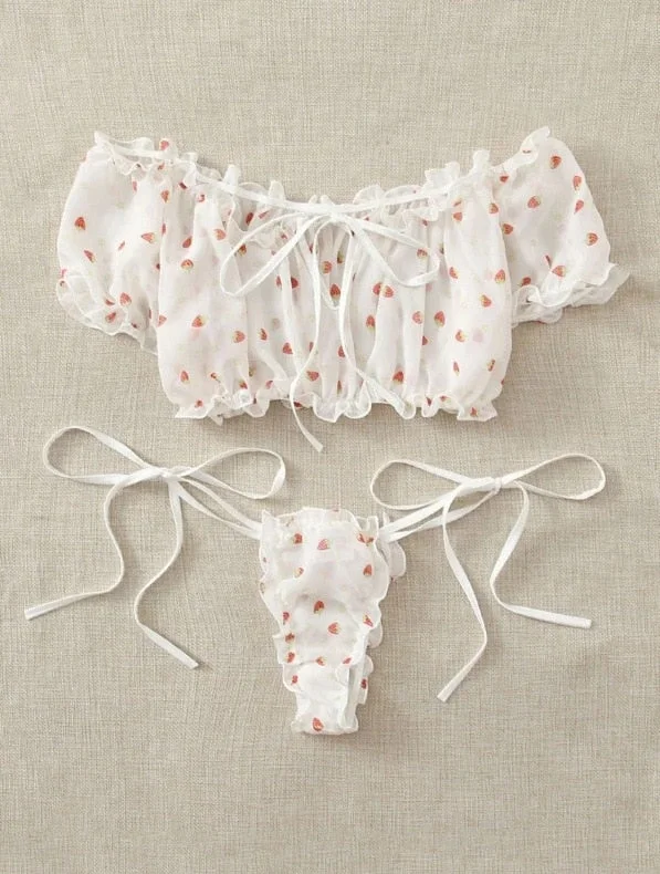 Porno Women's Sexy Lingerie Mesh Bra Set Off Shoulder Ruffle Underwear Cute Wireless Transparent Bralette Thong Intimates