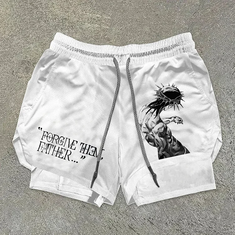 Men's "Anime SBR JoJo Jesus" Graphic Print Double Layer Quick Dry Gym Shorts