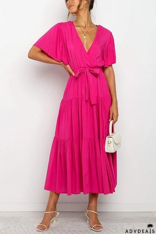 Solid Ruffles Belted Maxi Dress