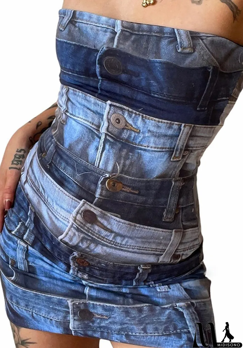 MidiSono - Women's Spring Fashion Print Style Slim Low Back Strapless Bodycon Dress