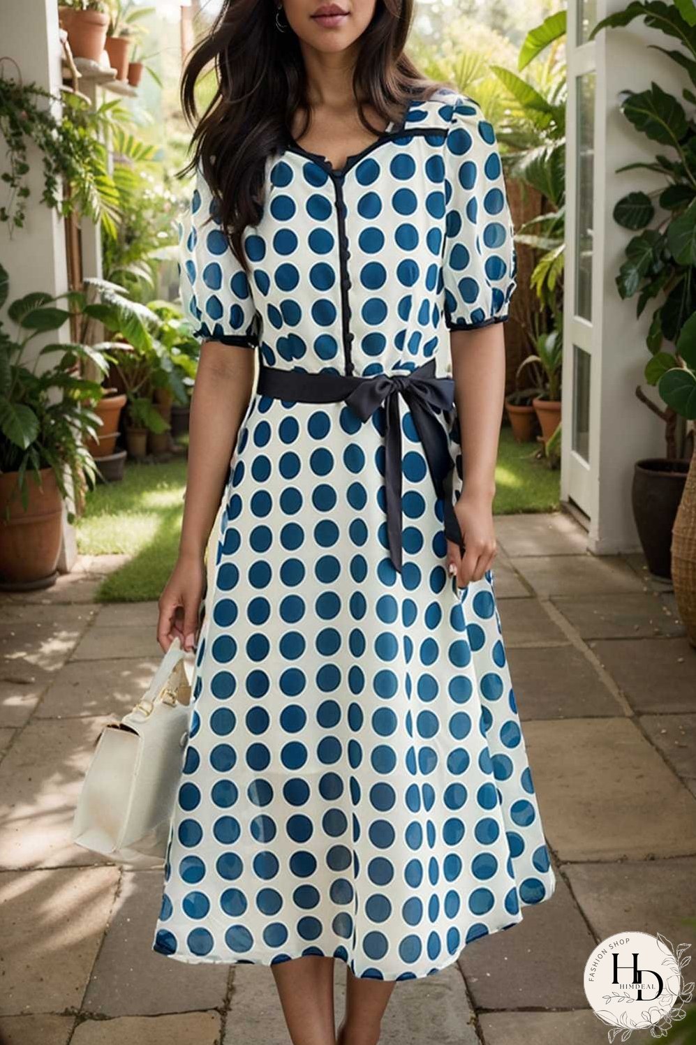 stylish printed high waist polka dot midi dress