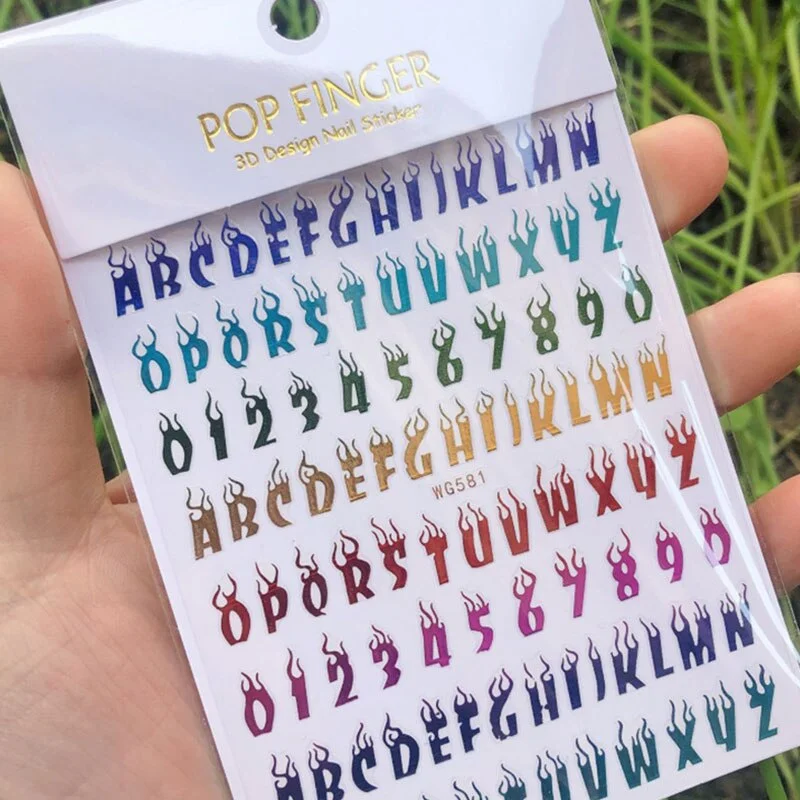 Laser Alphanumeric 10 Color Nail Sticker Decoration 3D Burning Alphabet Arabic Numerals Nail Slider Decal Manicure Accessories