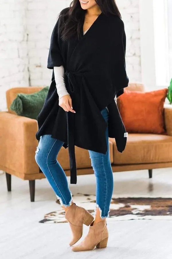 Solid Color Belt Batwing Sleeve Coat
