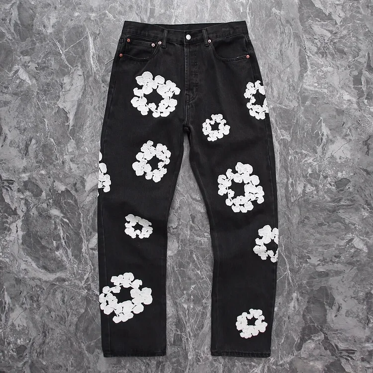 Flowingwaterpress Embroidered Kapok Flowers Loose Straight Leg Casual Men Women Jeans Fashion Couple Pants