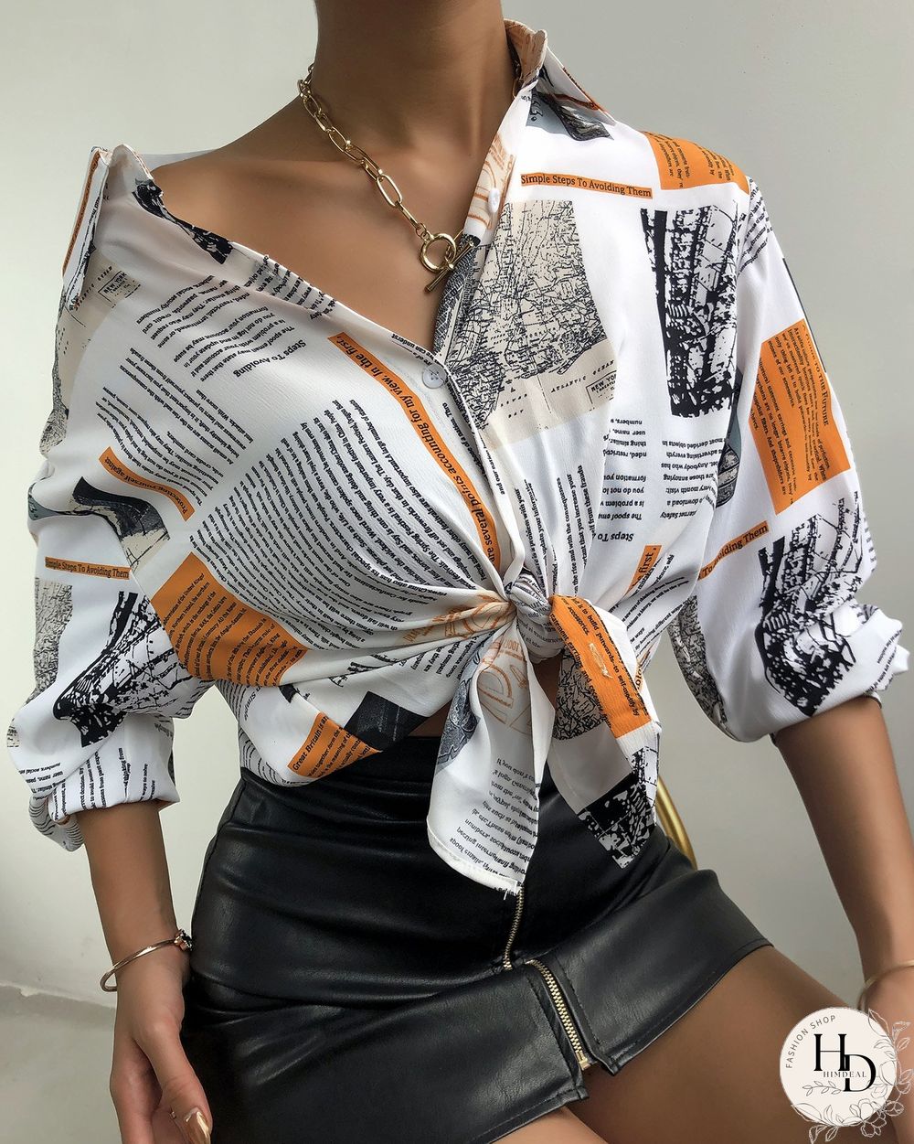 Newspaper Print Button Design Lantern Sleeve Shirt P13545