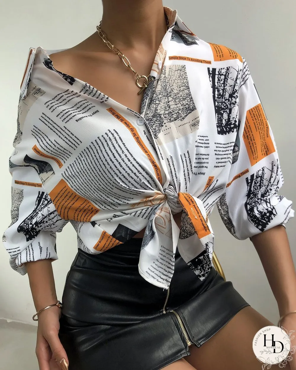 Newspaper Print Button Design Lantern Sleeve Shirt P13545