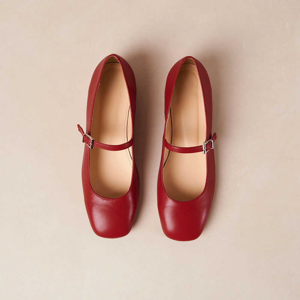 Red Square Toe Flat Buckled Strap Classic Casual Mary Jane Shoes Nicepairs