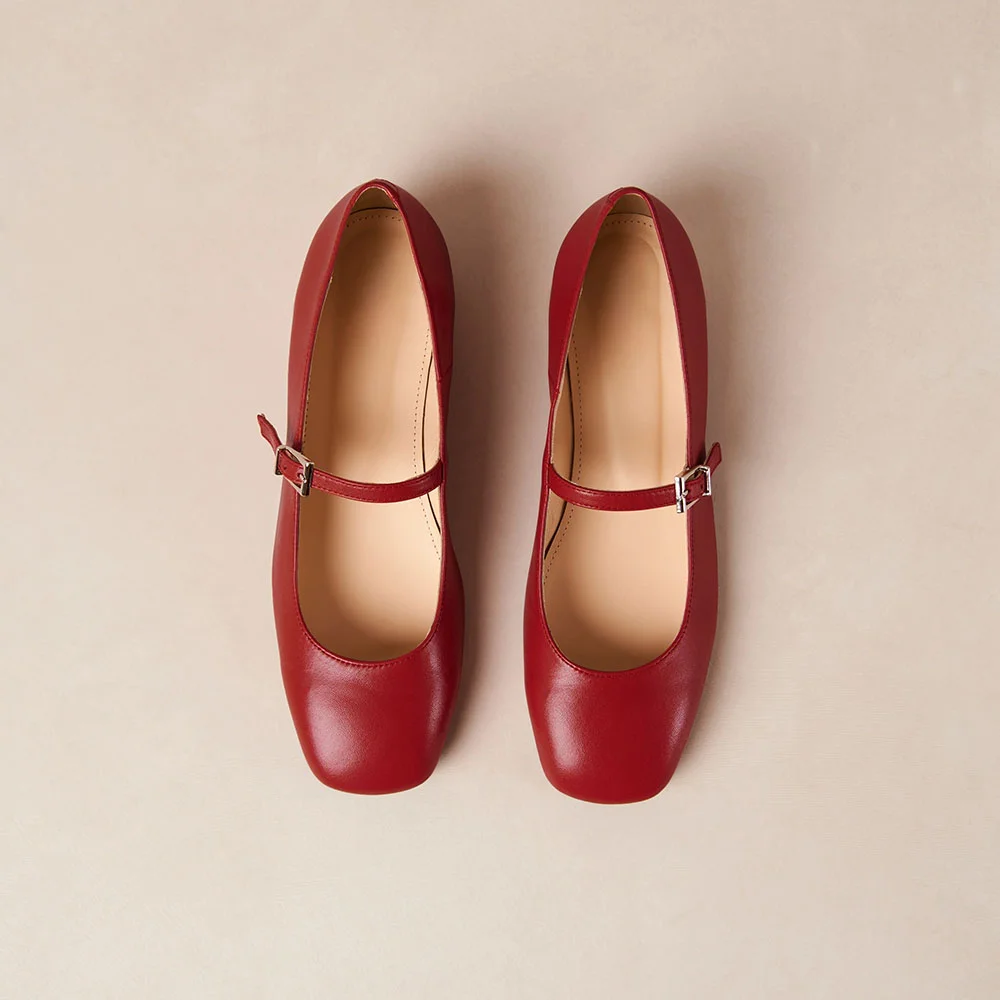 Red Vegan Leather Square Toe Mary Jane Flats with Buckle Strap Nicepairs