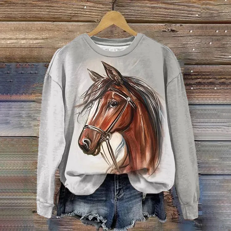 VChics Western Horse Print Casual Sweatshirt