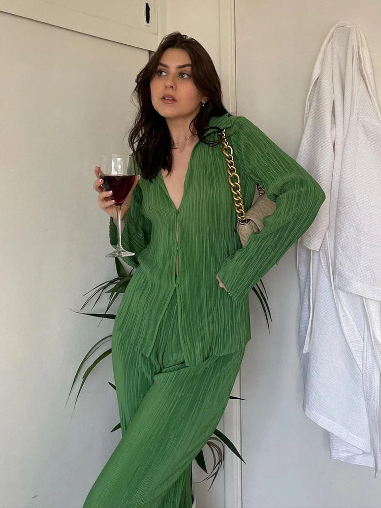 Back to school  Women Pleated Satin Shirt Set Y2K 2022 Summer Casual Party Ladies High Waist Straight Wide Leg Pants 2 Piece Set