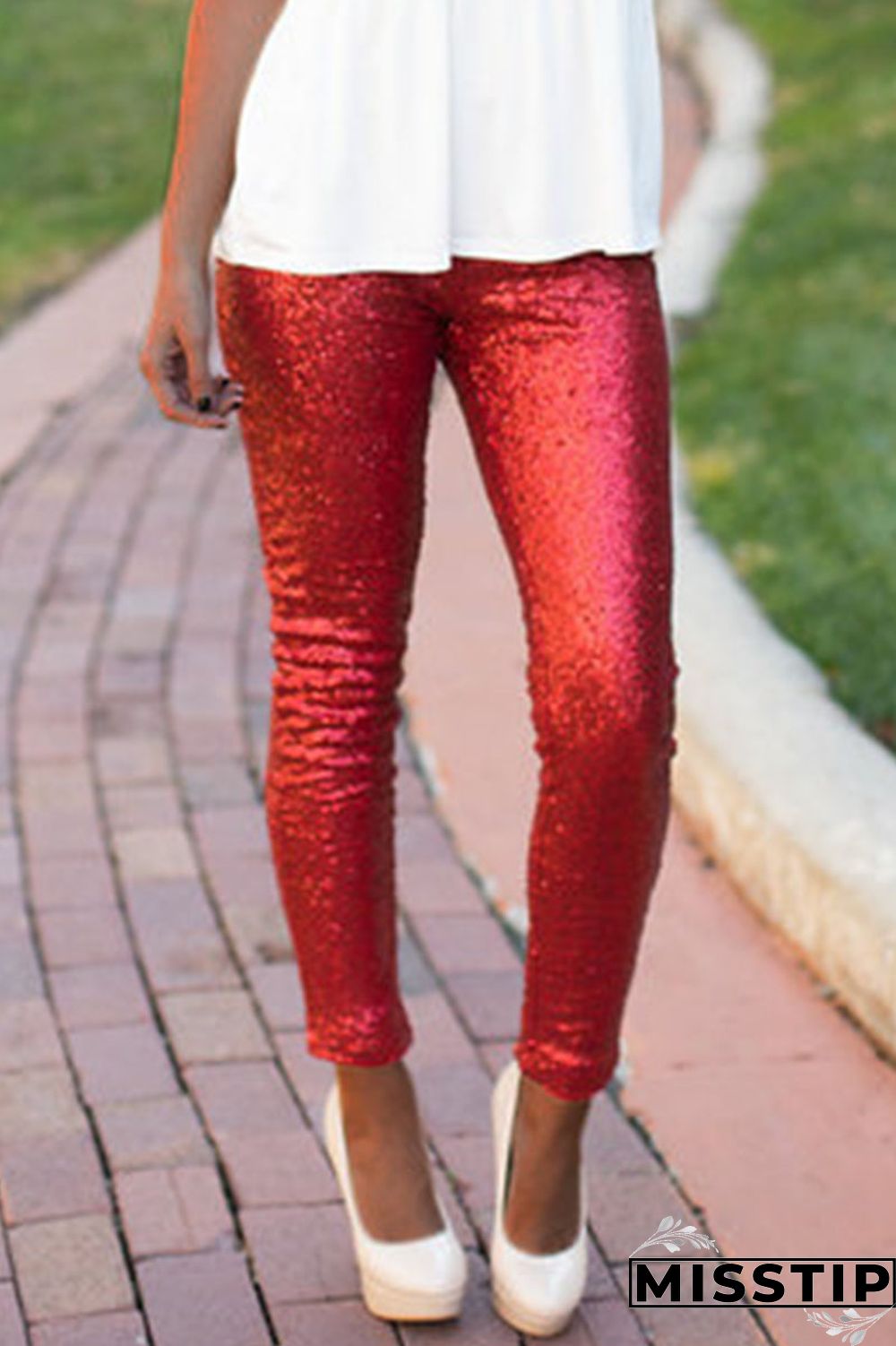 Red Fashion Party Solid Sequins Sequined Skinny Mid Bottoms