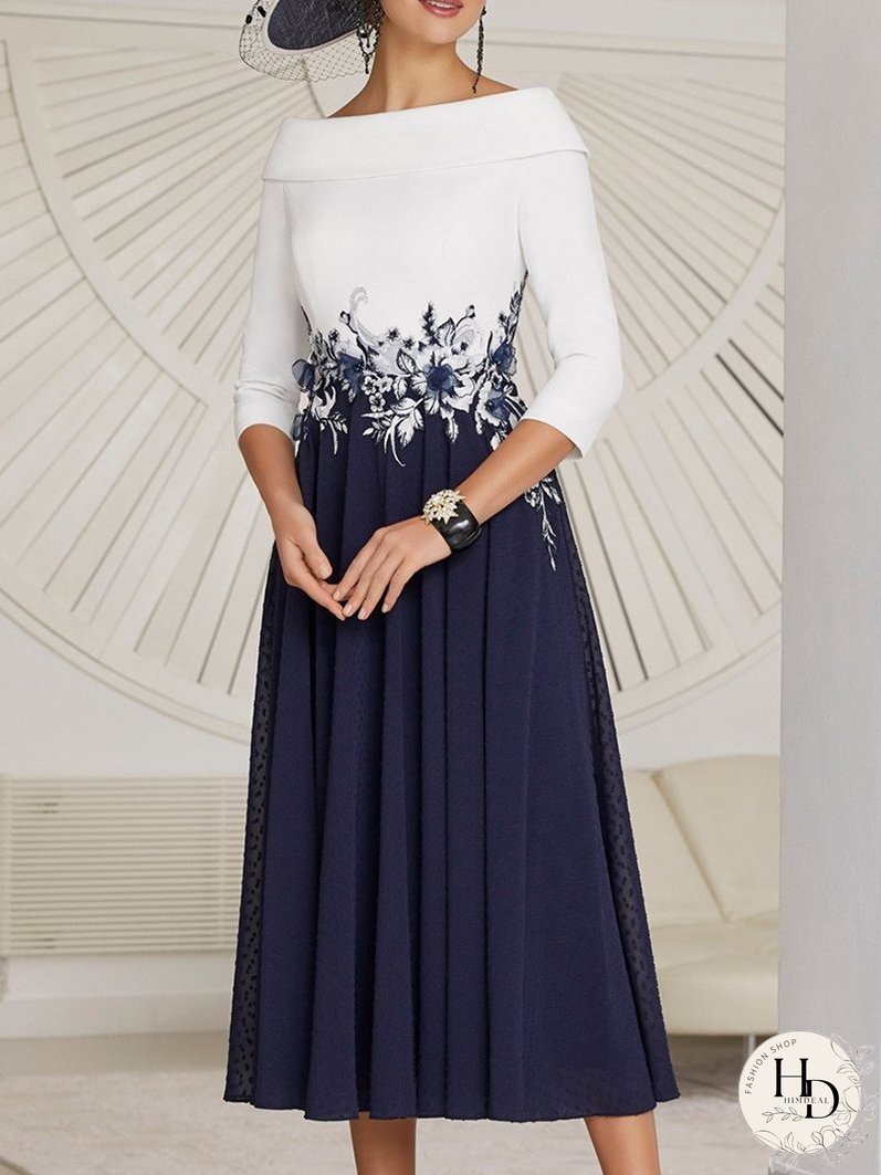 A Line Chiffon Lace Seven-Quarter Sleeve Mother's Midi Dress