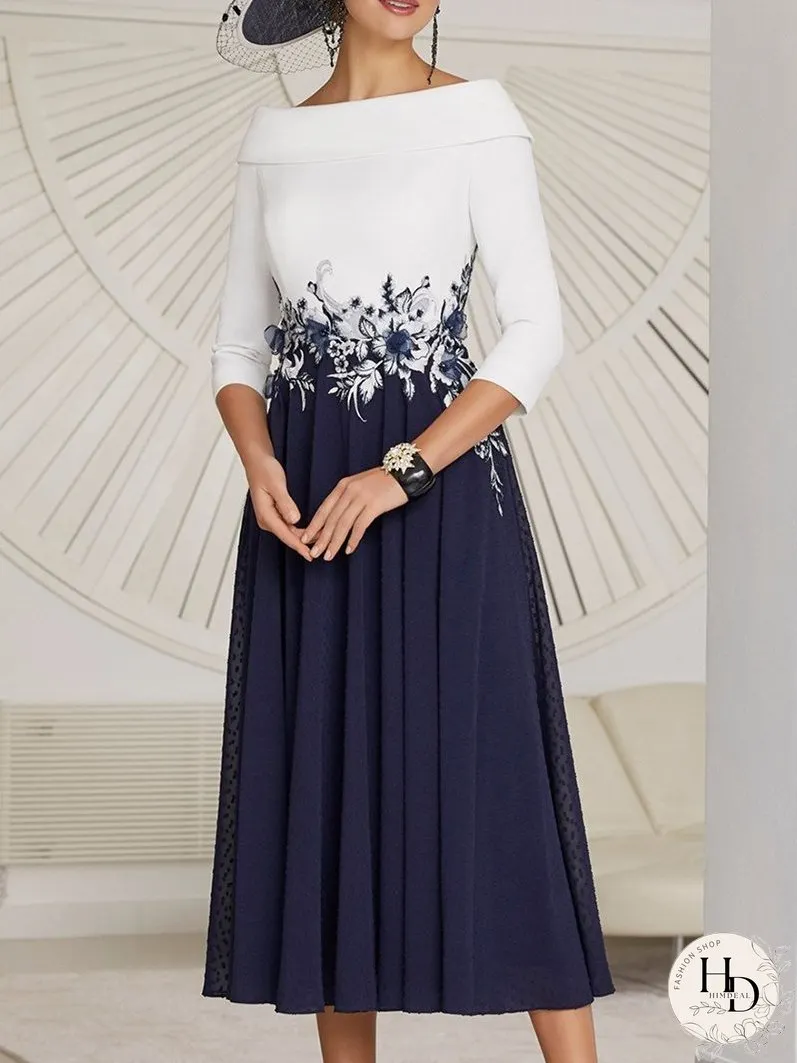 A Line Chiffon Lace Seven-Quarter Sleeve Mother's Midi Dress