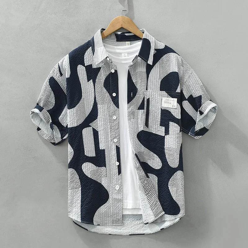 Fashion Statement Print Short Sleeve Shirt for Men Summer New Loose Casual Tops Male Streetwear Trend Thin Breathable Shirt