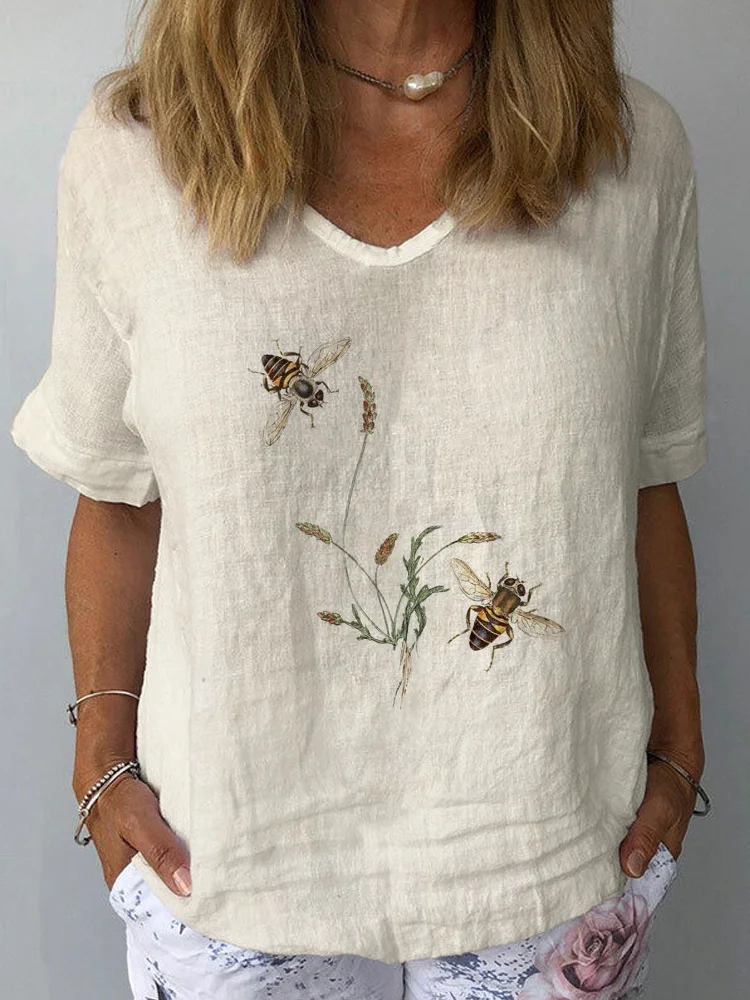 VChics Flowers & Bees Watercolor Print Linen Women's Top