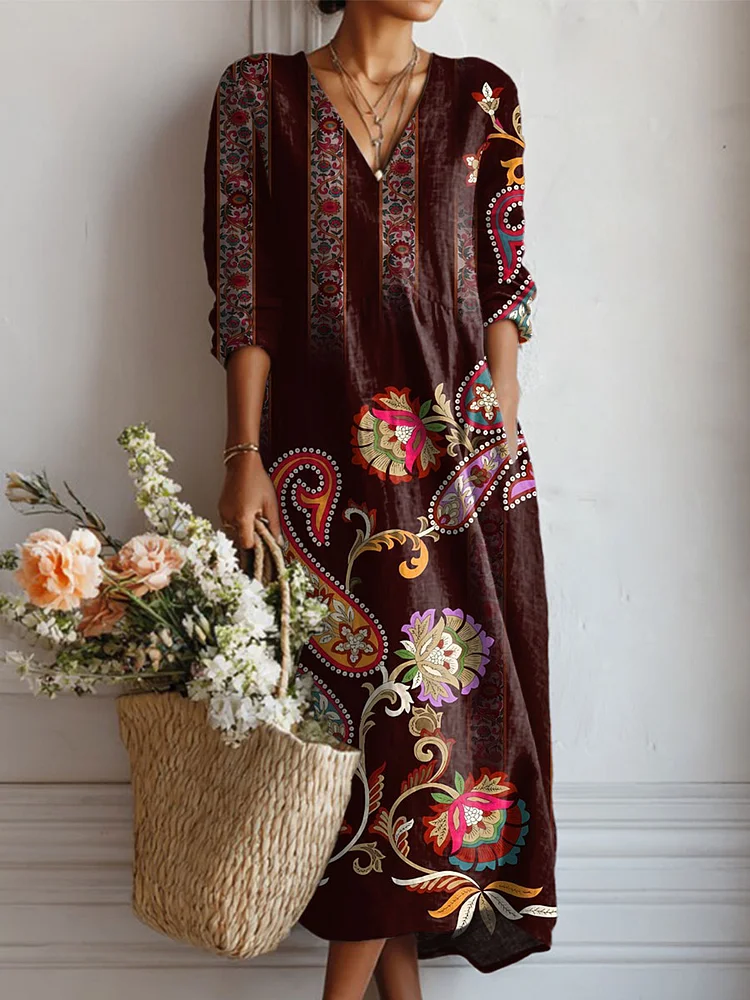 Women's Vintage Flower Art Print Linen Pocket Dress