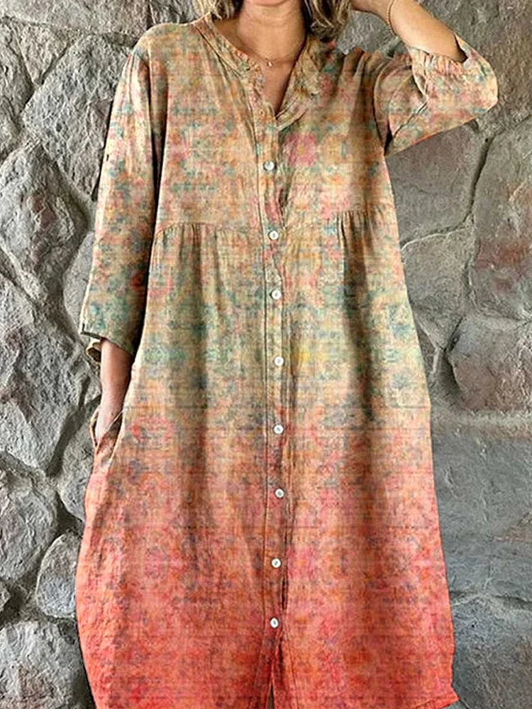 Women's Resort Ethnic Style Gradient Pattern  Pattern Cotton Shirt Dress