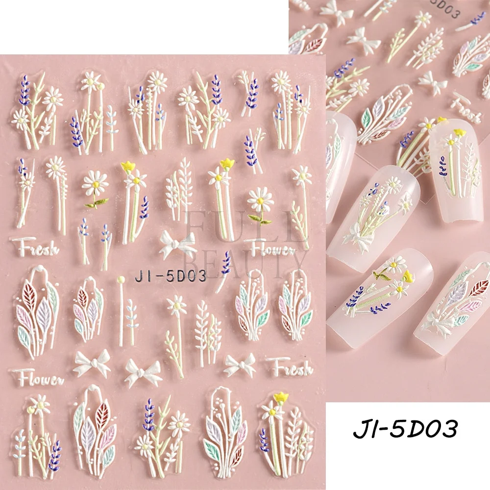Churchf Nail Stickers Flowers Geometric Lines Decor Acrylic Embossed Sliders Gold Frame Nail Decals Cherry Blossom Manicure GLJI-5D05-Nail Inspo