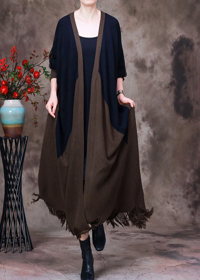 Fine Dark Coffee Patchwork Black V Neck Tassel Knit Wool Coat Long Sleeve