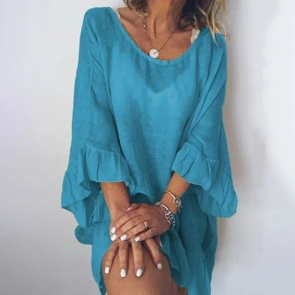  thdmladies Cotton-blend Solid Frill Loose Casual Blouse Top Short Dress thedmladies