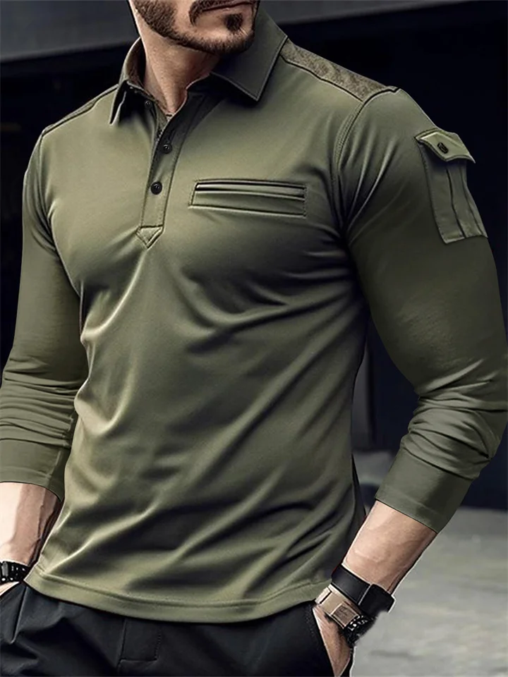 Spring and Autumn Long-sleeved Men's Solid Color POLO Shirt Arm Pockets Epaulettes Casual Sports