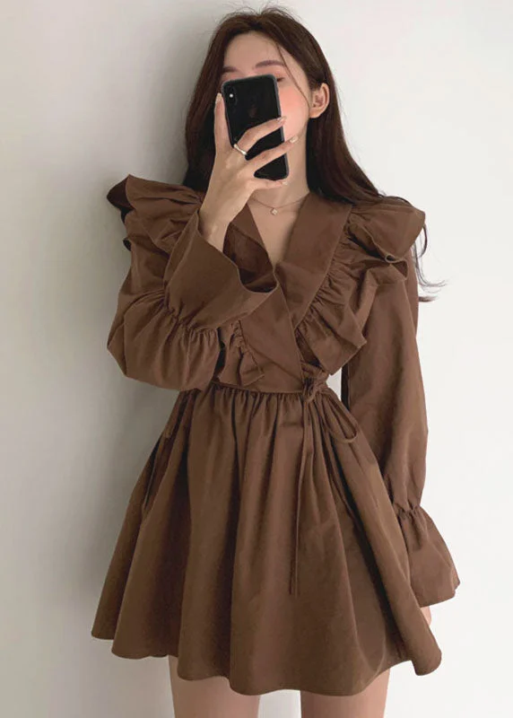 Modern Coffee V Neck Ruffles Tie Waist Cotton Vacation Dress Spring